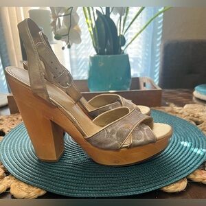 Coach Metallic Gold and Wood Platform Slingback Heels